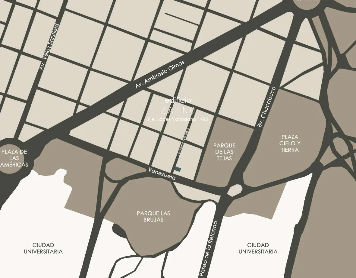 Mapa de ubicación: ZAINO entre Av. Ambrosio Olmos, Bv. Chacabuco, Parque Las Tejas y Parque Las Brujas